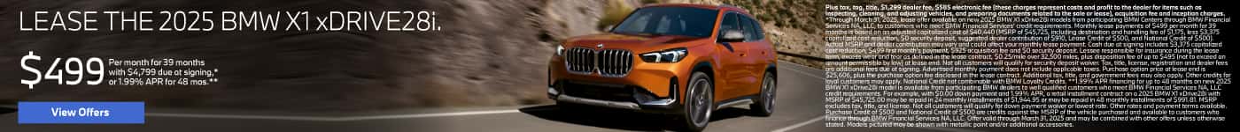 2025 BMW X1 xDrive28i Lease for $499 a month for 39 months* $4,799 due at signing or 1.99% APR for 48 Months**