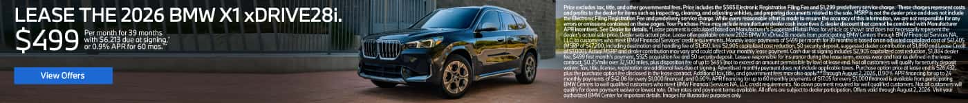 LEASE THE 2026 BMW X1 xDRIVE28i. $499 for 39 months* $6,213 due at signing or 0.9% APR for 60 Months**