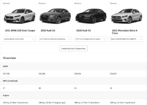 Photo of four cars: BMW 2 Gran Coupe, Audi A3 and S3, and Mercedes A Class