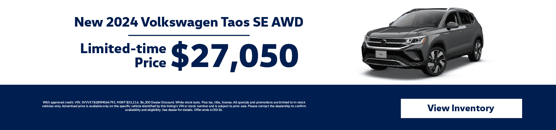 New 2024 Volkswagen Taos SE AWD Limited-time Price $27,050