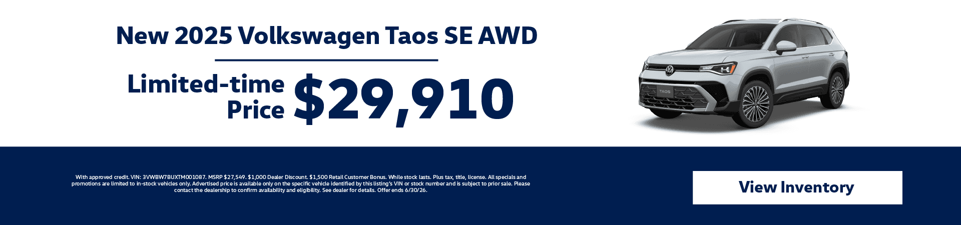 New 2025 Volkswagen Taos SE AWD Limited-time Price $29,910