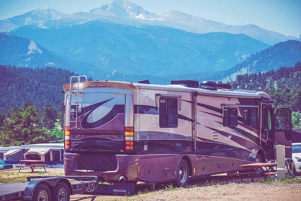Camping in the Motorhome in the Scenic Colorado RV Park. Class A Diesel Pusher Motorhome.