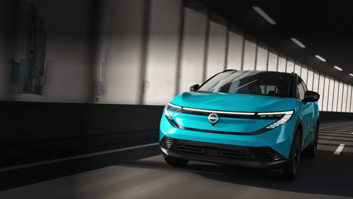 Front view of a 2026 Nissan Leaf driving through a tunnel