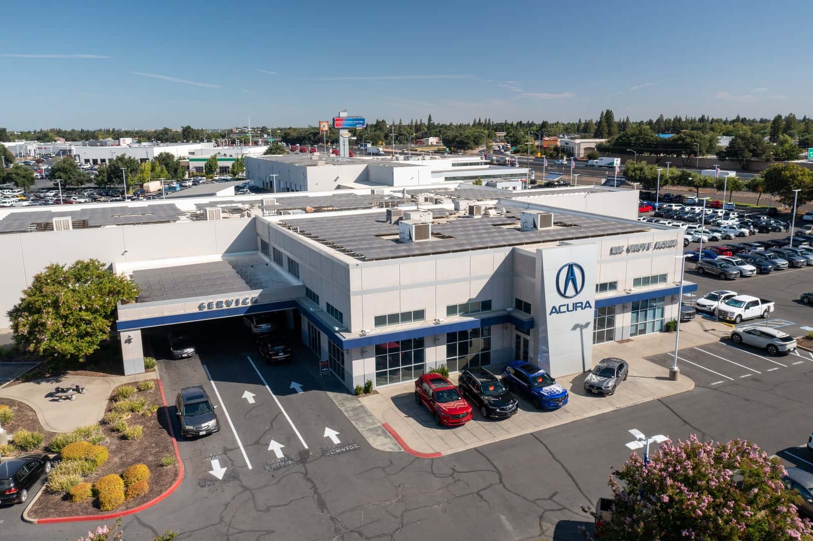 Aerial view of Elk Grove Acura, the Acura dealership serving the greater Sacramento area from Elk Grove, California