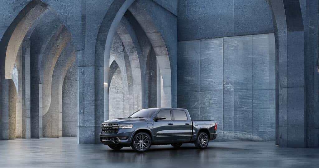 2025 RAM 1500 Ramcharger in interior view at night with Sacramento view in windshield