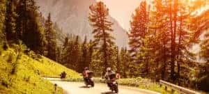 Two motorcyclists riding down tree-lined mountain highway