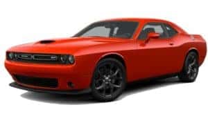 A red 2019 Challenger Hellcat is facing left.