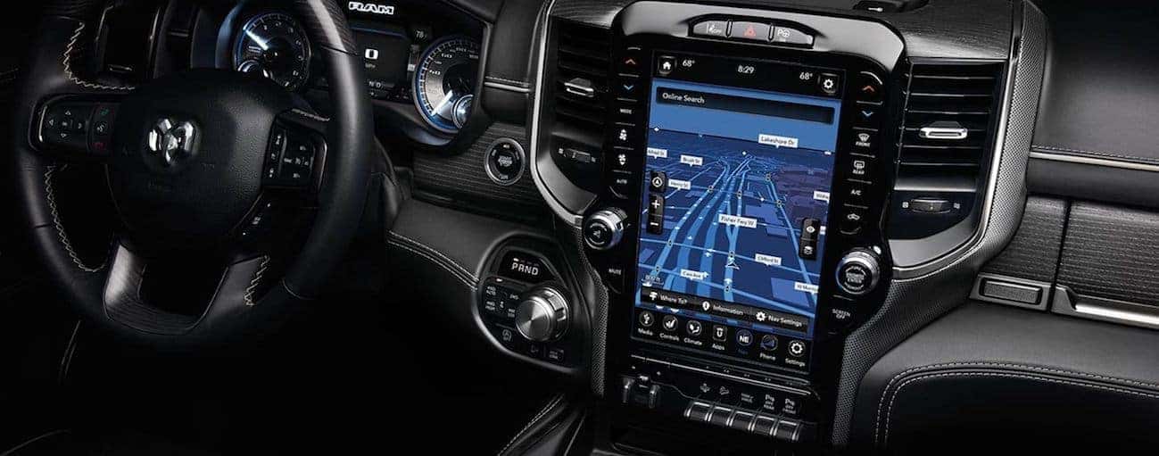 A close up of the 12-inch infotainment touch screen inside the 2020 Ram 1500.