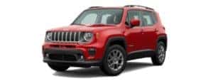 A red 2020 Jeep Renegade is facing left.