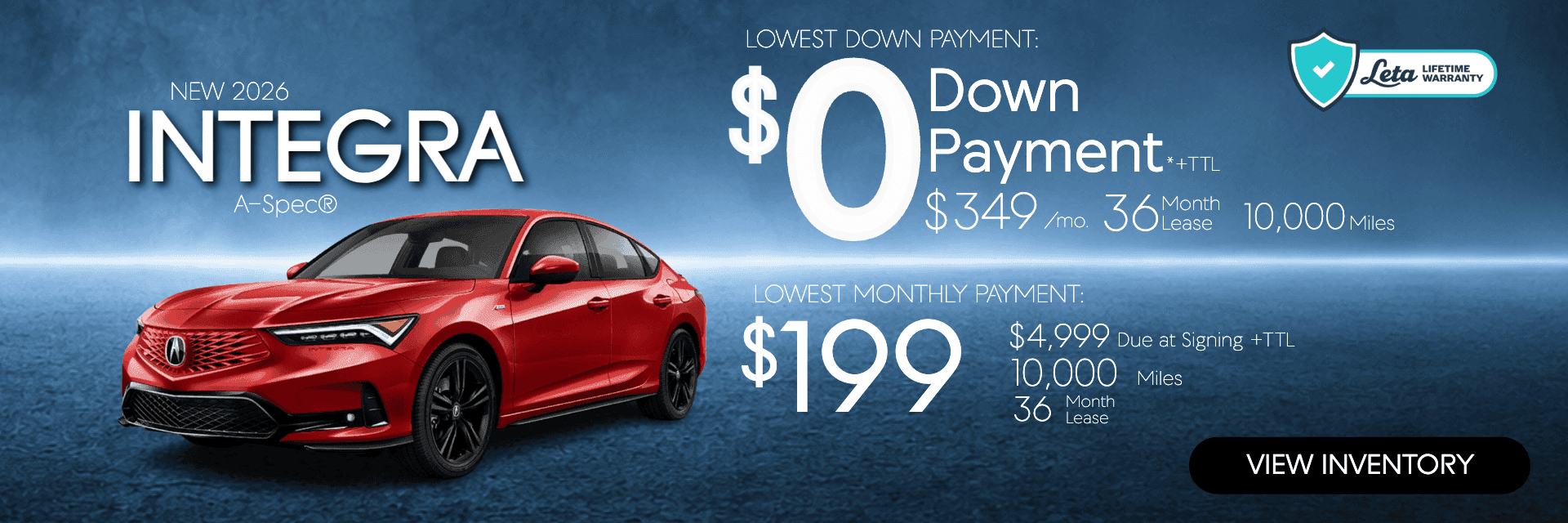 2026 Acura Integra $199 $0 Down Lease Frank Leta Acura of Springfield