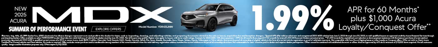 New 2025 Acura MDX Model Number: YD9H3SJNW 1.99% APR for 60 Months* Plus $1,000 Acura Loyalty/Conquest Offer**