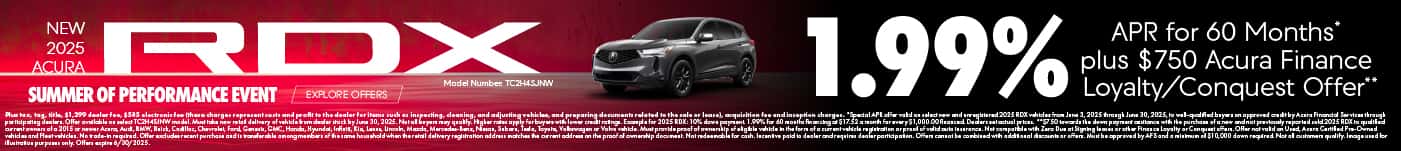 New 2025 Acura RDX Model Number: TC2H4SJNW 1.99% APR for 60 Months* Plus $750 Acura Finance Loyalty/Conquest Offer**