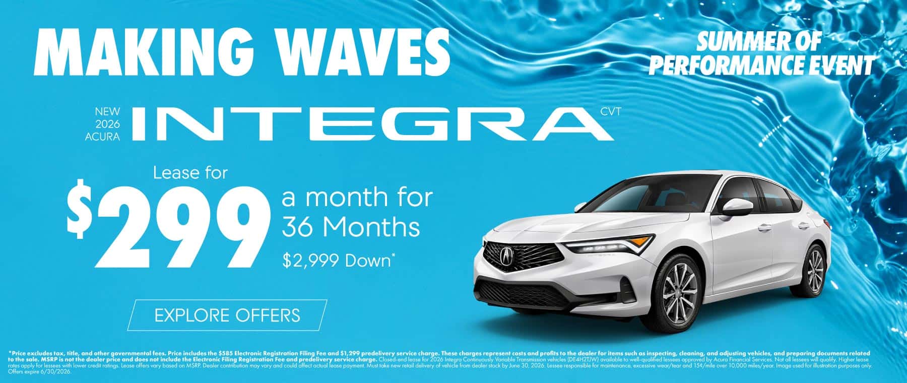 New 2026 Acura Integra CVT Lease for $299 a month for 36 Months $2,999 Down*