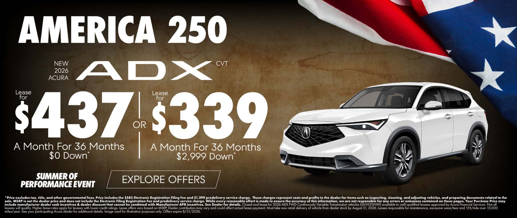 New 2026 Acura ADX CVT Lease for $437 a month for 36 Months $0 Down or $339 a month for 36 months $2,999 Down*