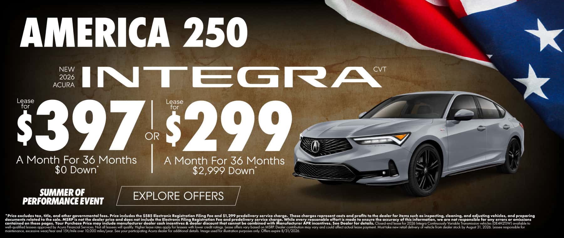 New 2026 Acura Integra CVT Lease for $397 a month for 36 Months $0 Down or $299 a month for 36 months $2,999 Down*