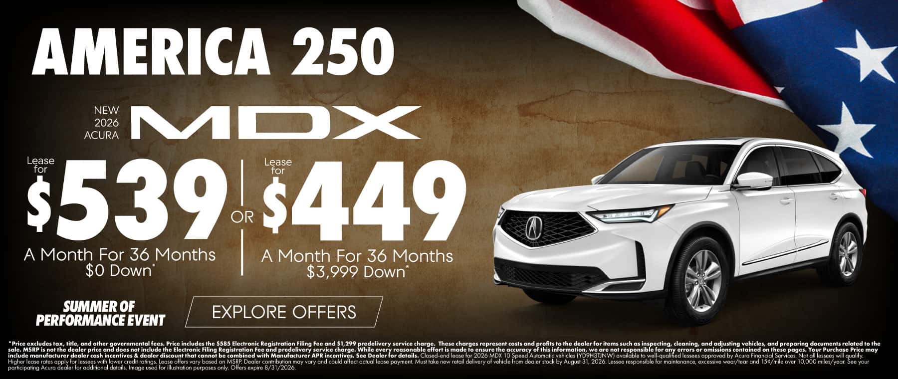 New 2026 Acura MDX Lease for $539 a month for 36 Months $0 Down or $449 a month for 36 months $3,999 Down*