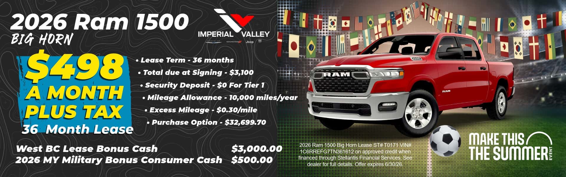 2026 Ram 1500 Big Horn lease offer near El Centro CA serving Imperial Valley, Brawley, Calexico and Yuma Arizona.