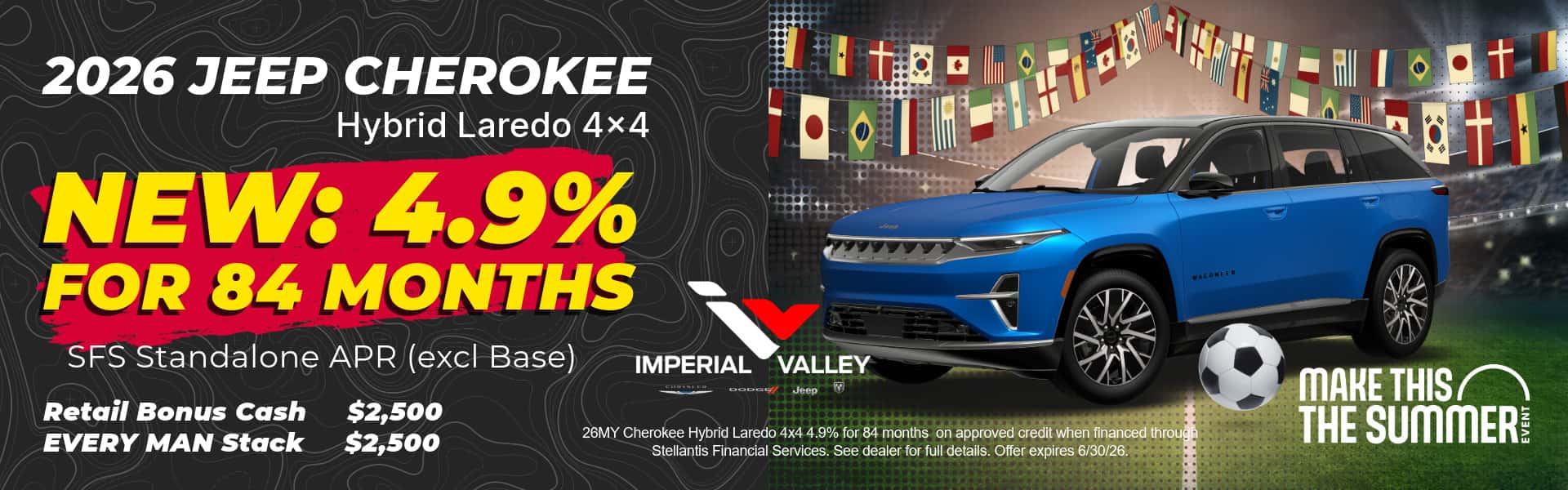 2026 Jeep Cherokee Hybrid Laredo 4x4 financing offer featuring 4.9 percent APR for 84 months at Imperial Valley Jeep near El Centro and Calexico.