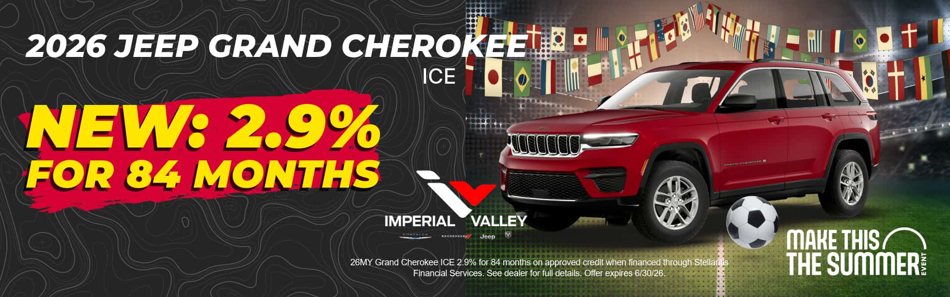 2026 Jeep Grand Cherokee financing offer with 2.9 percent APR for 84 months at Imperial Valley Jeep serving Imperial Valley and Yuma Arizona.
