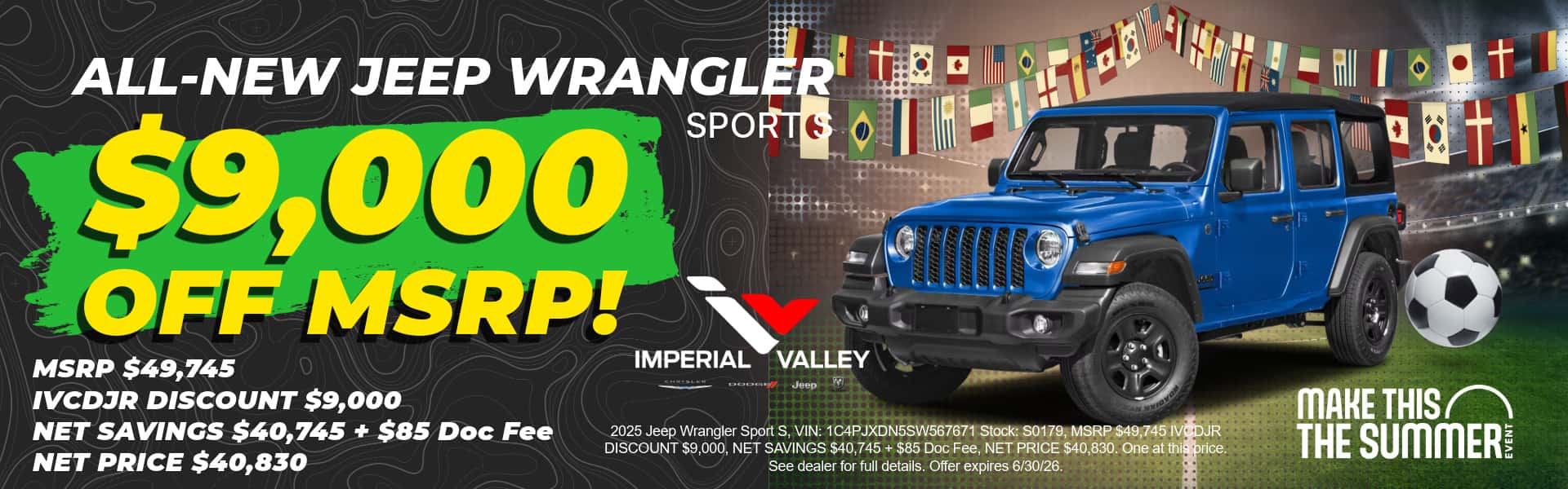 2025 Jeep Wrangler Sport S sale with $9,000 off MSRP available at Imperial Valley Jeep near El Centro, Calexico, and Brawley California.