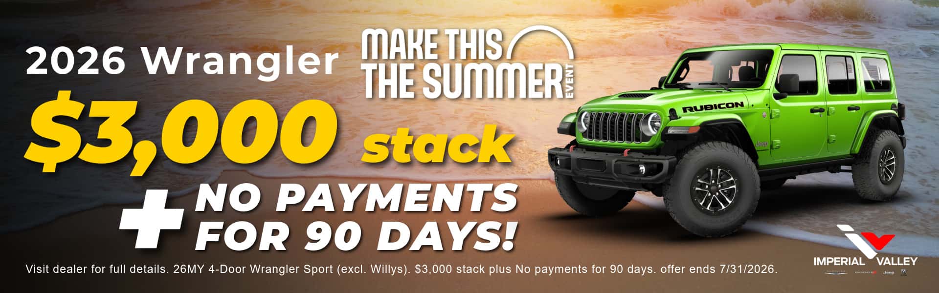 Green 2026 Jeep Wrangler Rubicon at Imperial Valley CDJR with $3,000 stack offer.