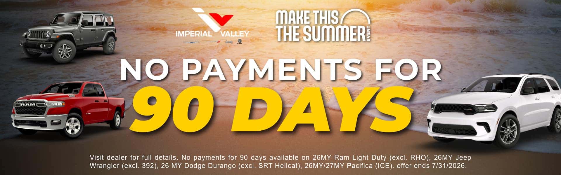 2026 Jeep Wrangler, Ram Truck, and Dodge Durango with 90-day no payment offer banner.