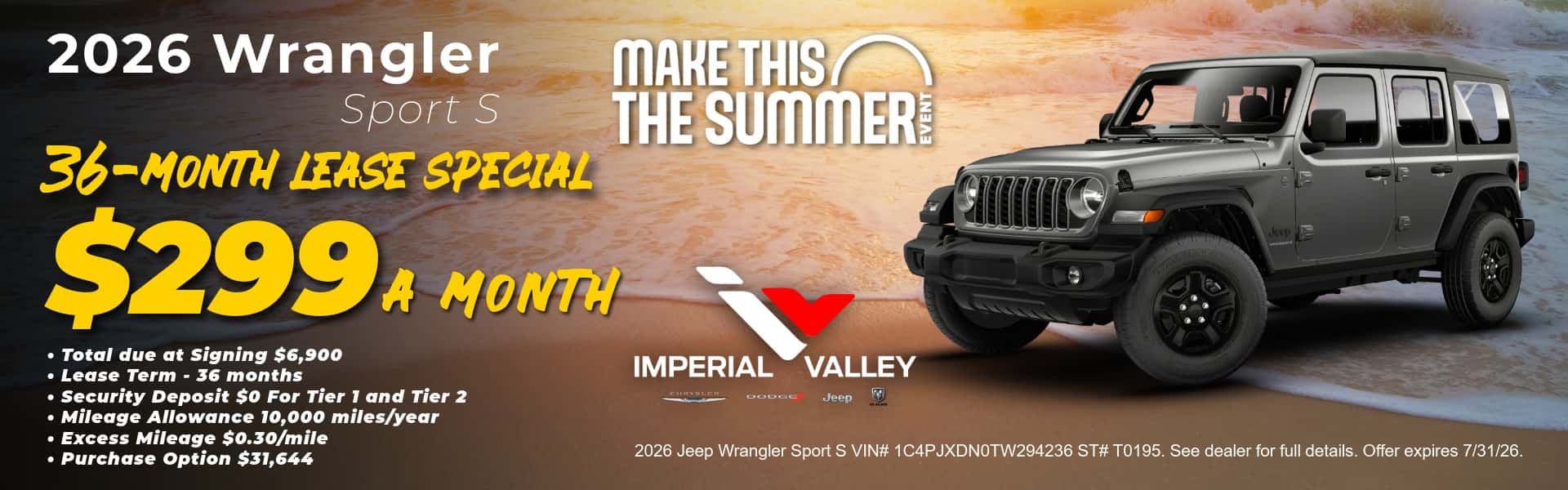 2026 Jeep Wrangler Sport S lease special for $299 a month at Imperial Valley CDJR in Imperial, CA.