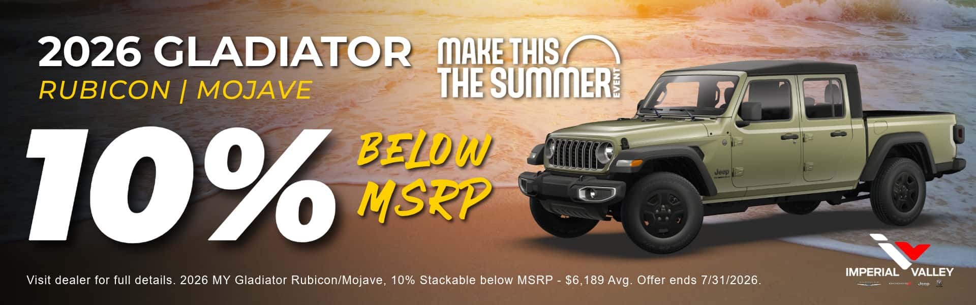 2026 Jeep Gladiator Rubicon and Mojave 10% below MSRP offer at Imperial Valley CDJR.