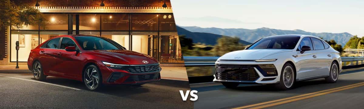 Hyundai Elantra parked on a city street and a white Hyundai Sonata driving on an open highway, split by a VS graphic.