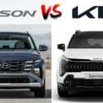 Hyundai Tucson vs Kia Sportage front profile design comparison showing the grilles and headlights of both compact SUVs.