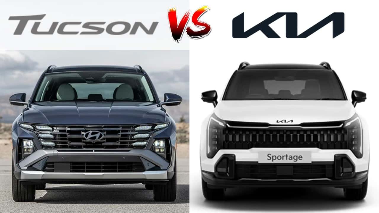 Hyundai Tucson vs Kia Sportage front profile design comparison showing the grilles and headlights of both compact SUVs.