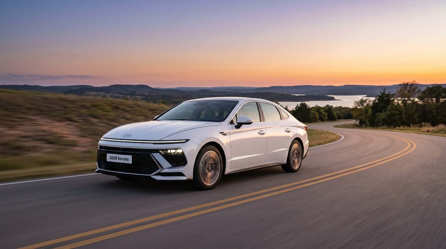 White 2026 Hyundai Sonata midsize sedan driving on an open road at sunset