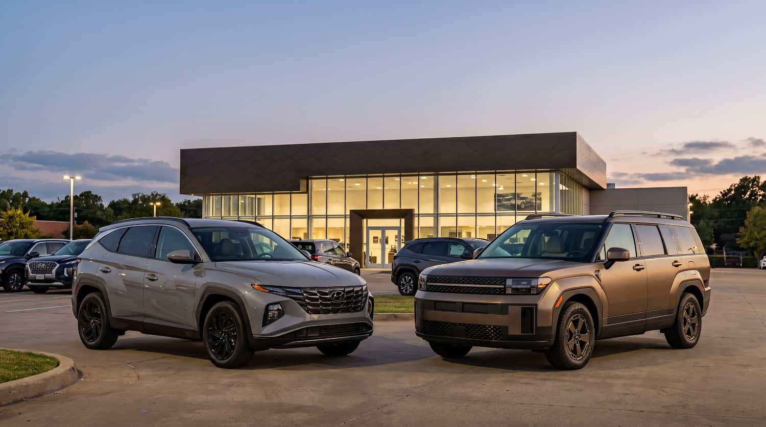 2026 Hyundai Tucson compact SUV and 2026 Hyundai Santa Fe 3-row SUV parked outside James Hodge Hyundai dealership in Muskogee OK