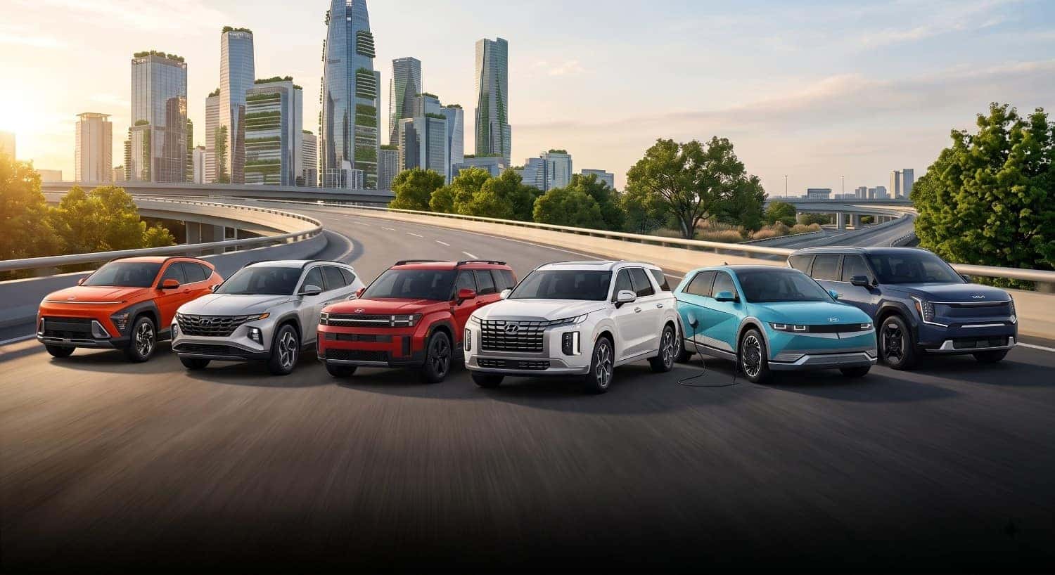 2026 Hyundai SUV models including Kona, Tucson, Santa Fe, Palisade, IONIQ 5, and IONIQ 9 driving together on open road