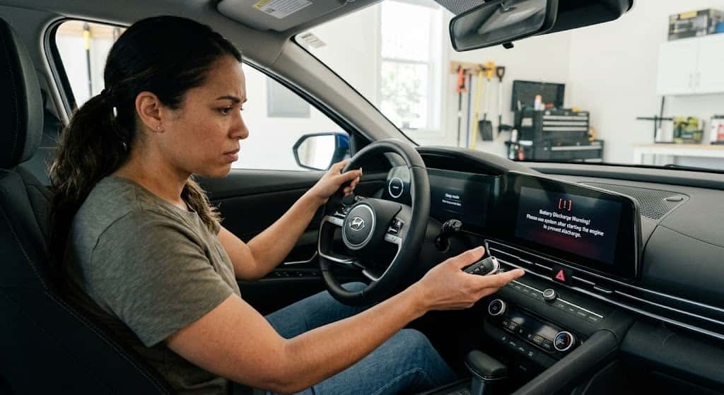 Worried Hyundai driver looks at a legible Battery Discharge Warning