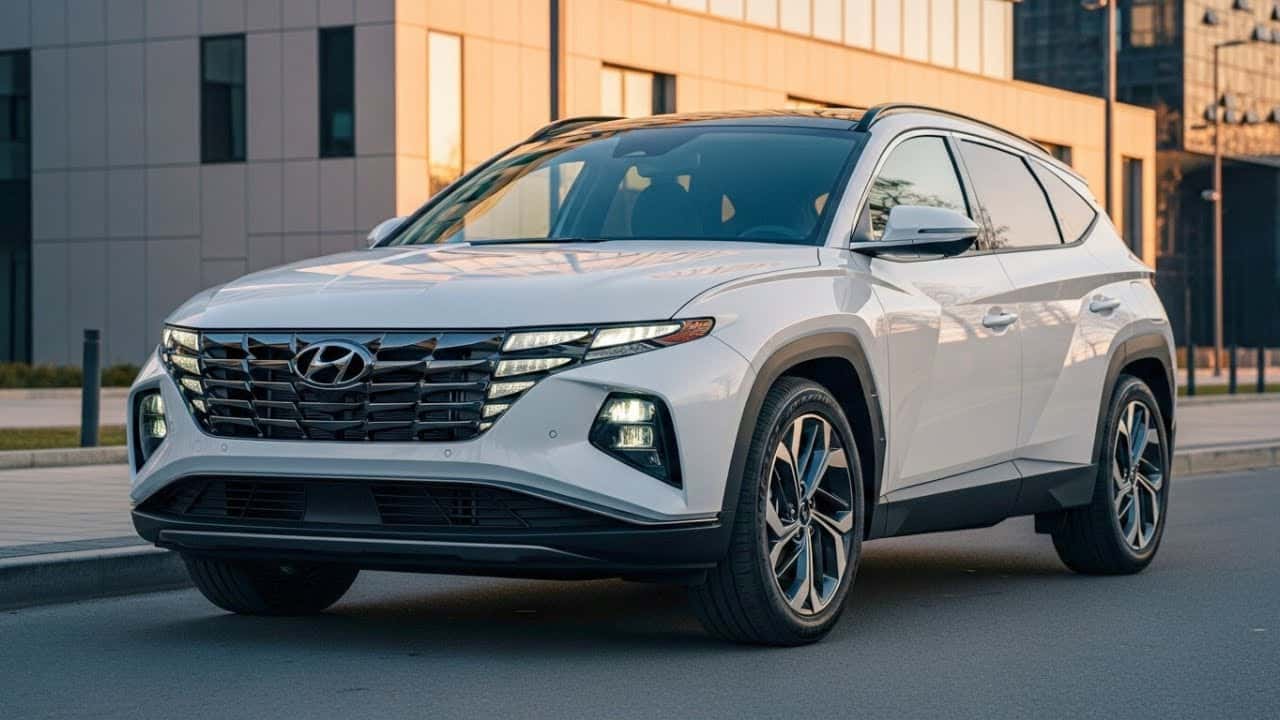 2026 Hyundai Tucson exterior parked on city street highlighting towing capacity specs