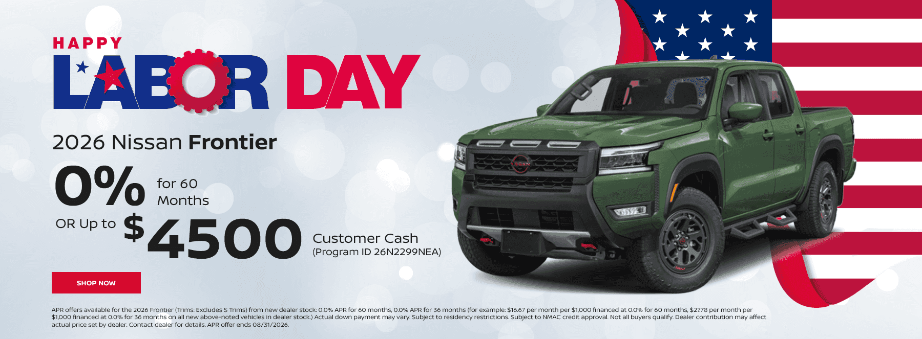 2026 Nissan Frontier 0% for 60 Months OR Up to $4500 Customer Cash (Program ID 26N2299NEA)
