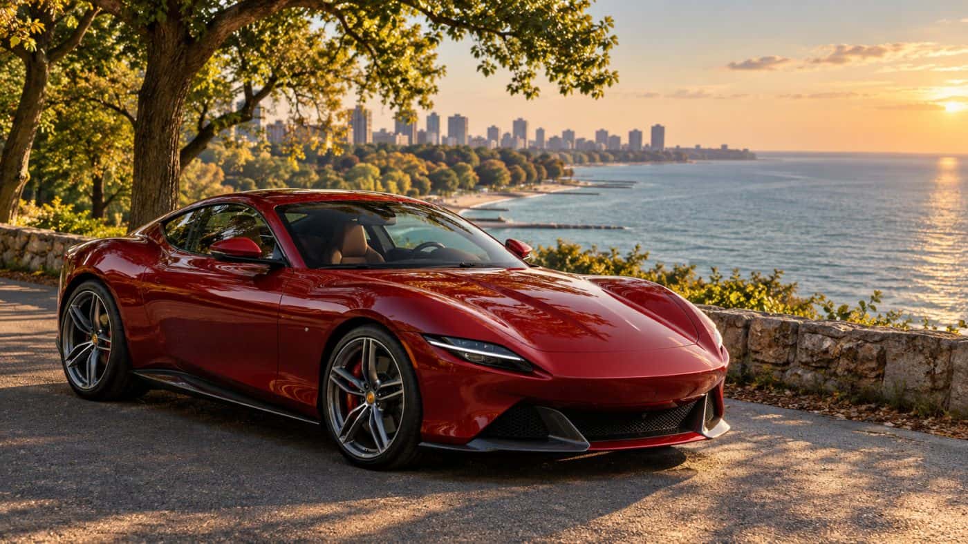 Red Ferrari grand tourer parked near the Lake Michigan shoreline on Chicago’s North Shore.