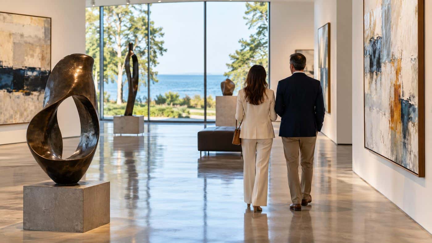 Visitors viewing contemporary sculpture in a refined North Shore art gallery near Lake Forest, Illinois.