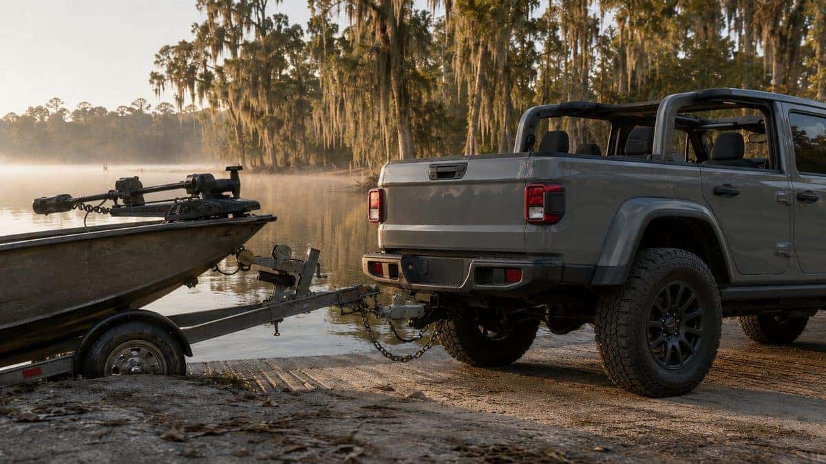 Open top Jeep pickup with a bass boat on a trailer at a misty Louisiana boat ramp