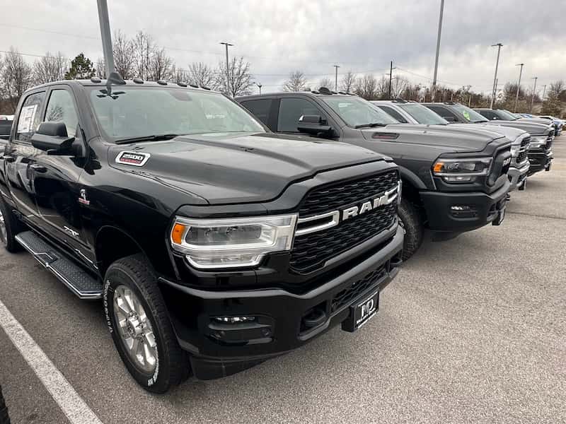 Lineup of Ram trucks on dealership lot