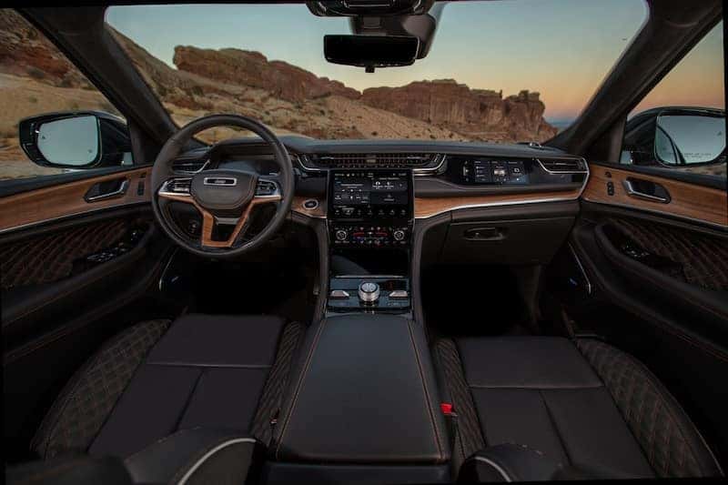 Interior of Jeep Grand Cherokee Summit overlooking the mountains