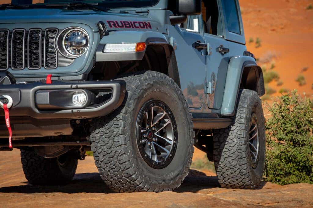 Exterior view of a gray 2025 Jeep Wrangler Rubicon
