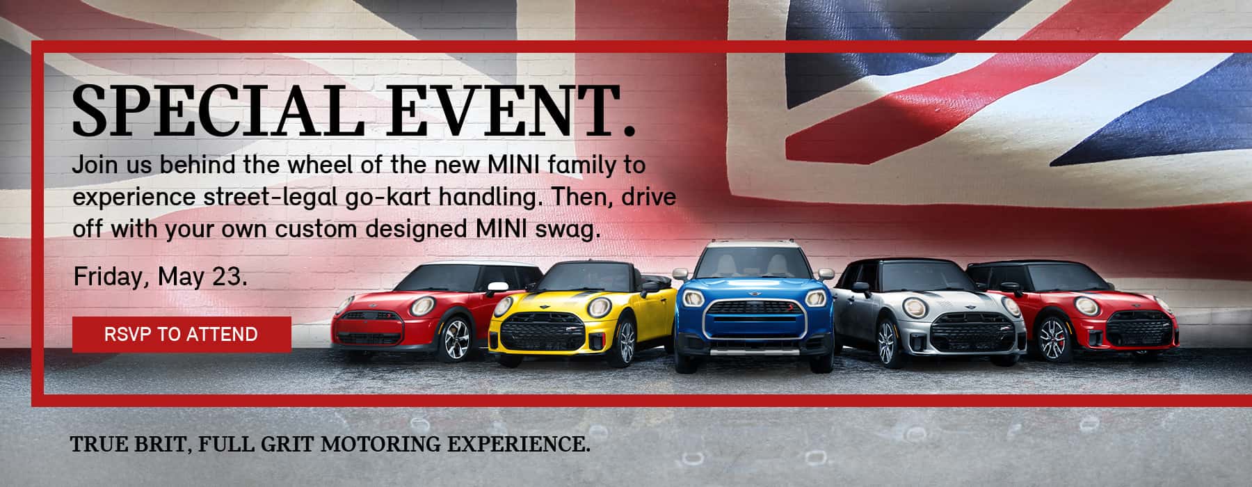 MINI fleet parked in front of a multicolored flag.