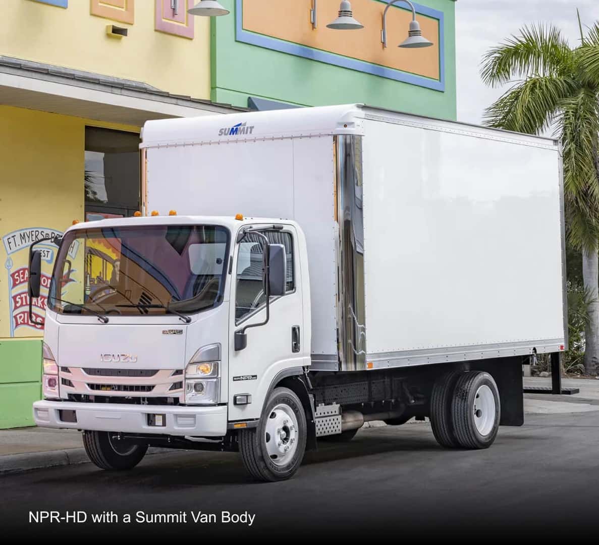 Isuzu NPR-HD with a Summit Van Body parked on street.