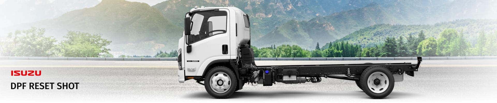 A white flatbed Isuzu truck is parked on a road with a scenic mountain and forest backdrop.