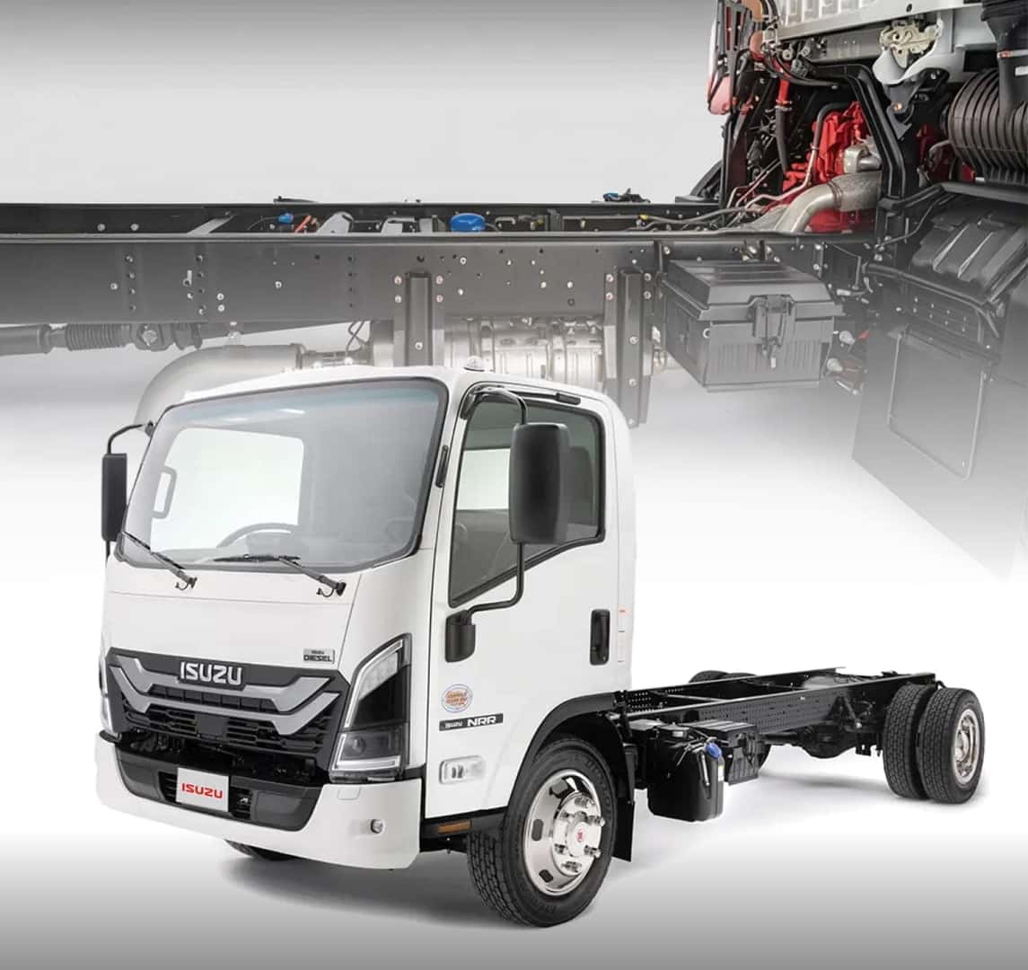 White Isuzu truck chassis with a cab, displaying a robust engine and undercarriage behind.