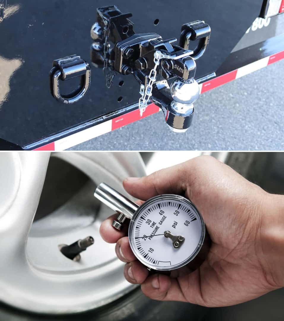 Close-ups of an Isuzu NPR trailer hitch welded to the body and a hand holding a tire pressure gauge.