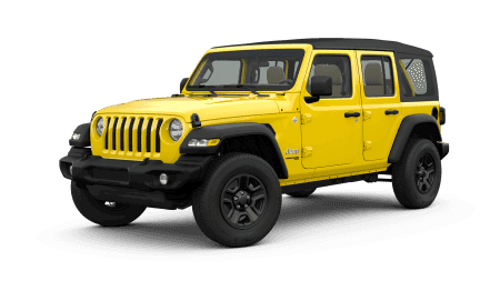 A yellow 2019 Jeep Wrangler Unlimited Sport facing left