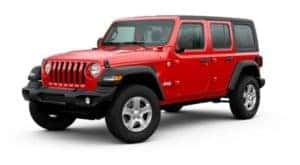 A red 2020 Jeep Wrangler is facing left.